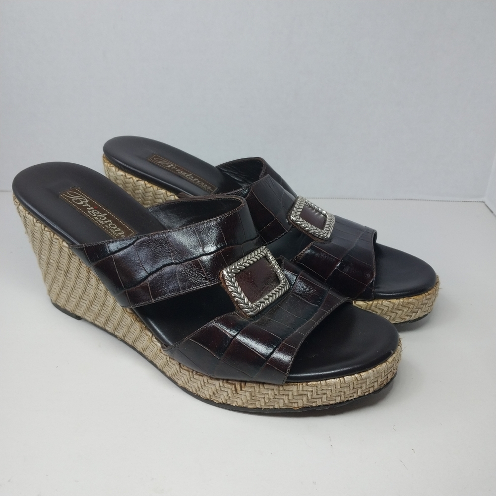 BRIGHTON DEVON WOMEN’S Size 9 M LEATHER Brown Wedge Boho embellished Sandals